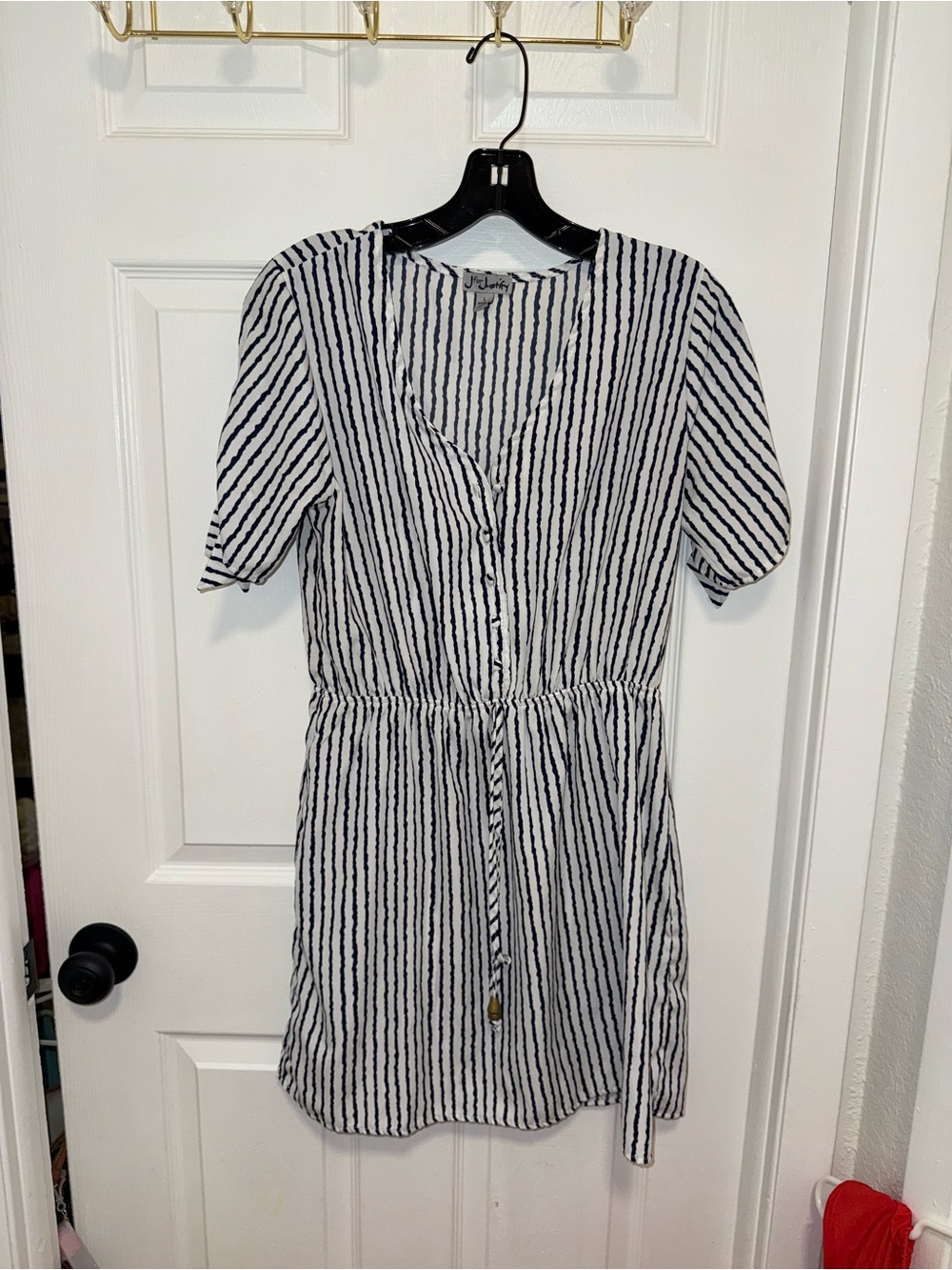 Striped Drawstring Waist Short Sleeve Dress - White/Black